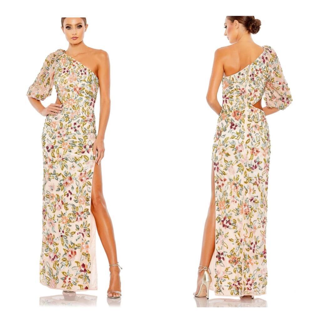 Mac Duggal One Shoulder Floral Embellished Gown Nude Multi Size 4 NWT